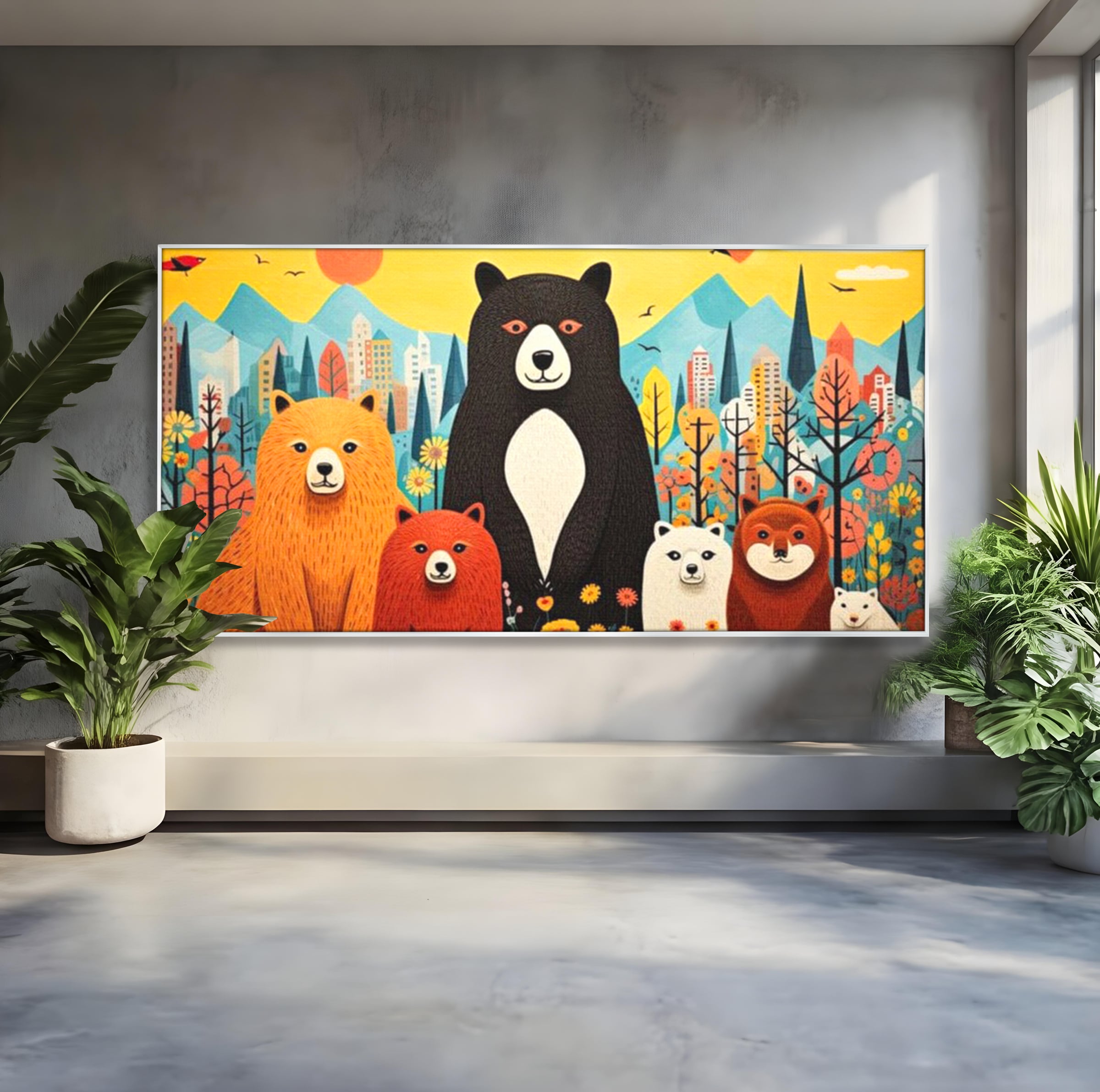 Tablou canvas cu ilustratie cu sapte ursuleti in natura, in rama de aluminiu argintiu